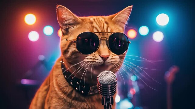Orange Cat Singing into Microphone on Stage with Colorful Lights