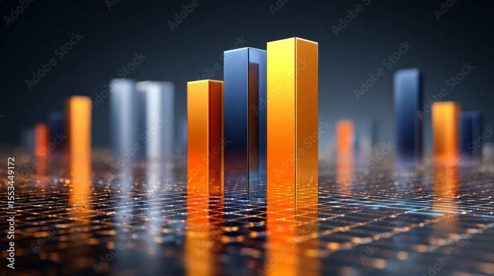 Poster a dynamic bar graph with tall, shiny bars in blue and orange, standing on a reflective grid, symboli