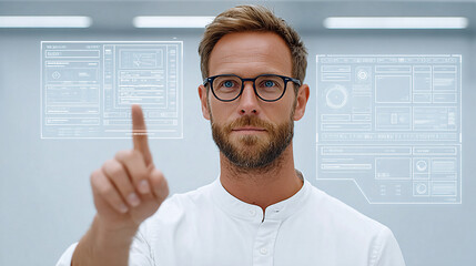 Scientist interacts with holographic interface in a modern laboratory setting focused on advanced technology and research initiatives