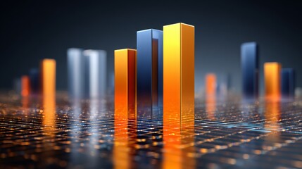 A dynamic bar graph with tall, shiny bars in blue and orange, standing on a reflective grid, symbolizing financial success and economic performance