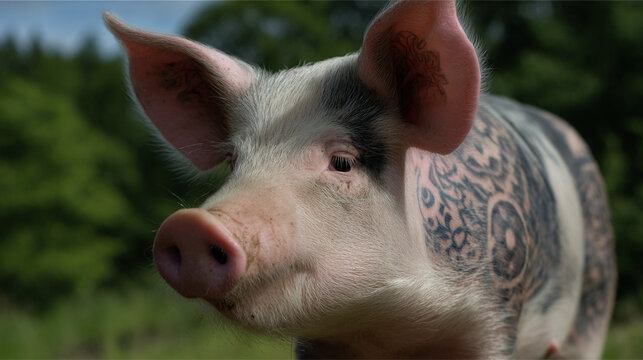 A pig with tattoo.