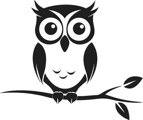 Sitting Owl Silhouette On Branch  Elegant Front View Vector Design