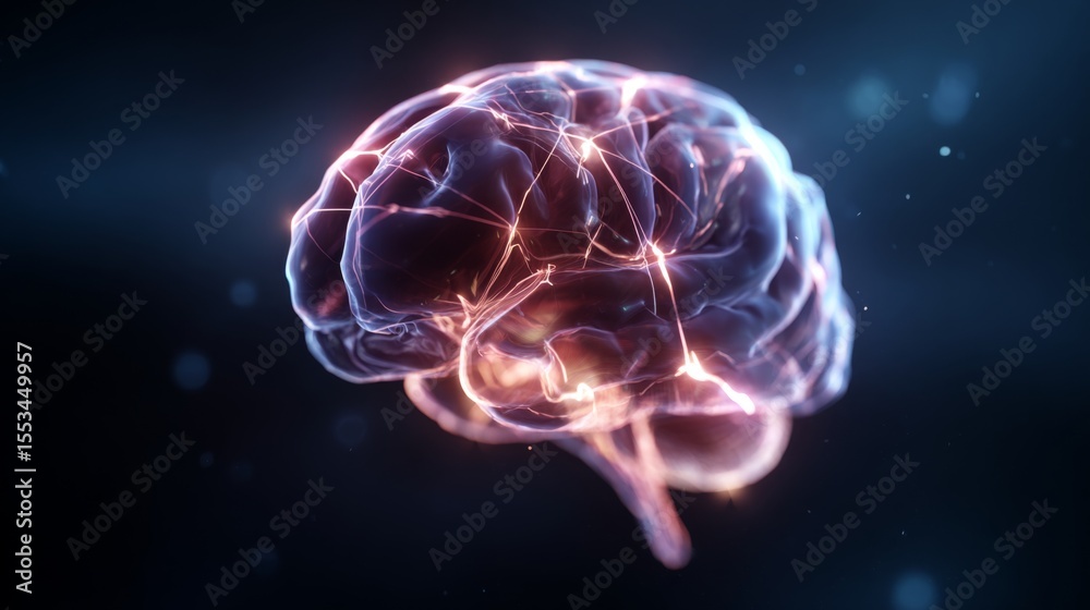 Poster A dynamic shot of a brain illustration with neon-like highlights, representing different functional areas such as memory, emotion, and cognition.
