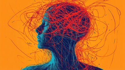 Profile of a blue woman with red lines swirling around her head on orange background
