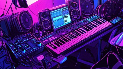 Neon-lit music studio filled with equipment, synthesizer keyboard and editing screen