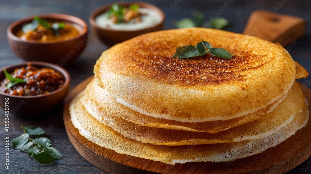 Poster a dynamic shot of freshly made dosas stacked high, served with coconut chutney and sambar on the sid