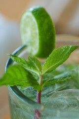 Macro shot of fresh mint and lime in iced drink