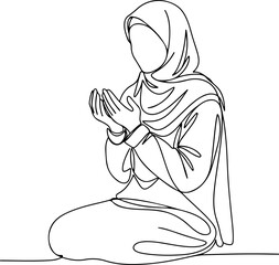 Elegant Continuous Line Drawing of a Muslim Woman in Prayer – Minimalist Spiritual Art