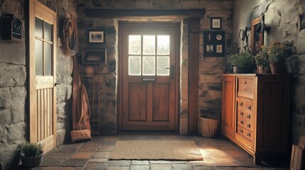Rustic Stone Hallway: A captivating view into a hallway with authentic stone, wooden door bathed in light from outdoors creating a welcoming country house.