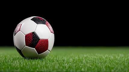 Close Up of Soccer Ball on Green Artificial Turf Against Black Background