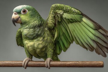 A vibrant green parrot with intricate feather patterns spreads its wings while resting on a wooden branch in a studio