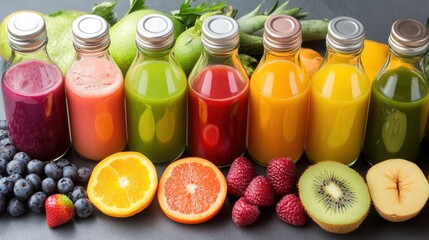 Colorful fruit juices in glass bottles, surrounded by fresh fruit on a dark surface