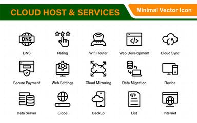Set of web hosting and cloud services icons. Linear style icon bundle.Outline icon collection.