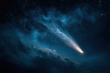 Fototapeta premium A brilliant comet blazes across the night sky, illuminating distant stars and ethereal clouds in an awe-inspiring celestial display