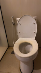 A white ceramic toilet with a closed lid stands in a bathroom, featuring a bidet spray next to it...