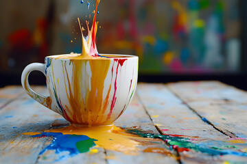 a cup of paint with a splatter of paint on it