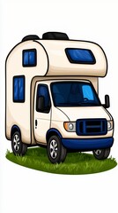 Naklejka premium Cream and Blue Pixel Art Camper Van Illustration on Grass
