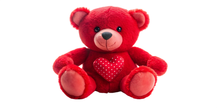Fluffy red teddy bear with a white polka dot heart on its chest isolated on a transparent background