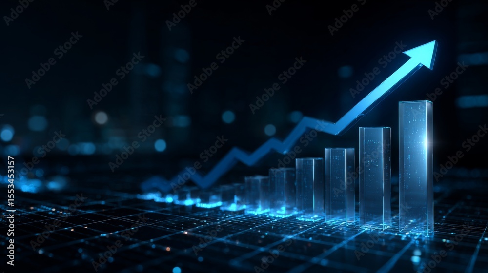 Poster A futuristic D bar chart with tall, glowing columns and an upward trending arrow, hovering over a dark digital background filled with grid patterns