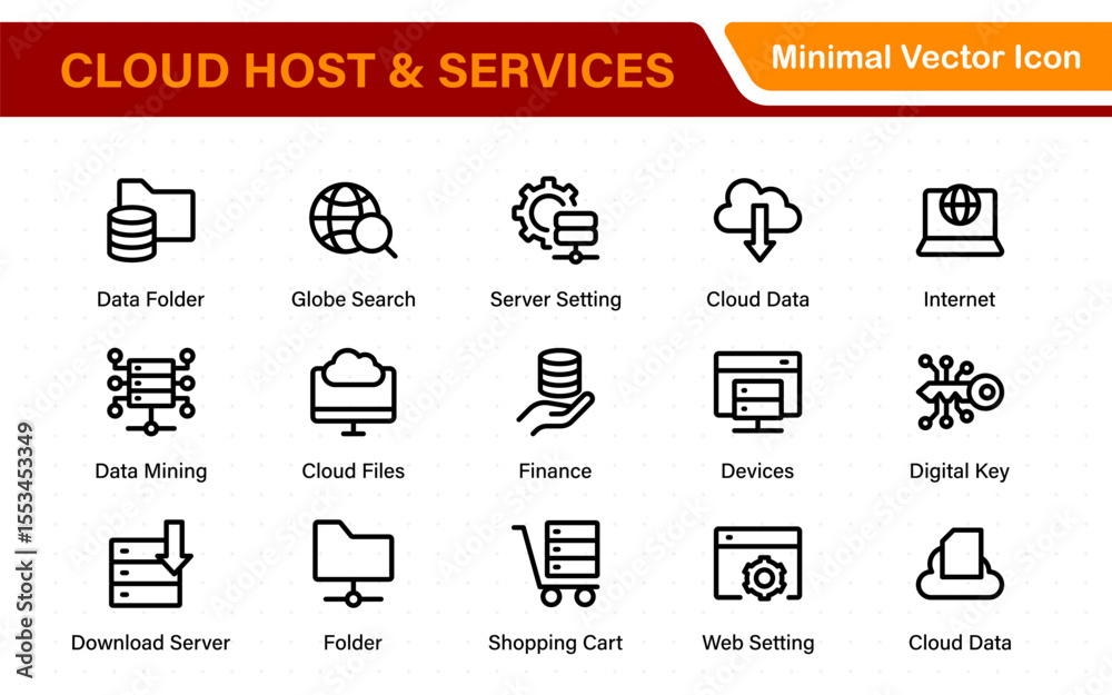 Wall mural set of web hosting and cloud services icons. linear style icon bundle.outline icon collection.