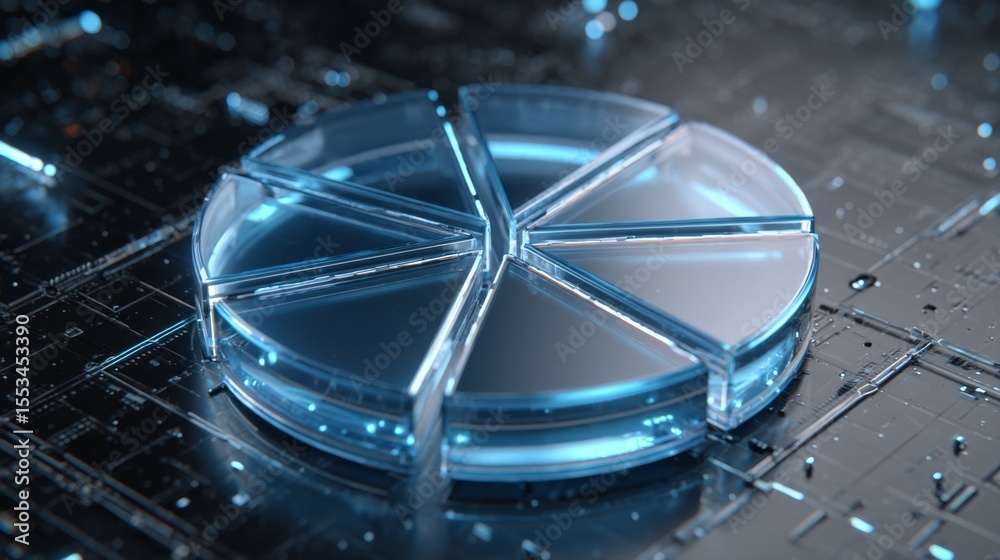 Leinwandbilder A futuristic D pie chart with transparent slices and glowing edges, positioned on a tech-inspired background, symbolizing innovative data visualization techniques.