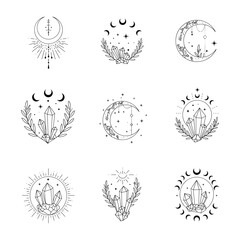 A set of female hand logos in a minimal linear style. Vector logo design Templates with different hand gestures, moon, stars and Crystal. For cosmetics, beauty, tattoo, Spa, manicure, jewelry store