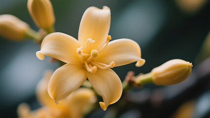 A soft five-petaled yellow flower blooms at the center, surrounded by several buds along green stems. The blurred background enhances the flower's vibrant simplicity