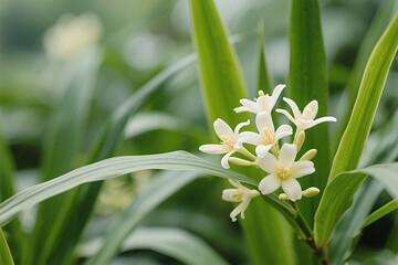 Fototapeta premium A soft cluster of white flowers with pale yellow centers blooms among slender green leaves. The blurred background highlights their delicate form