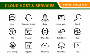 Set of web hosting and cloud services icons. Linear style icon bundle.Outline icon collection.