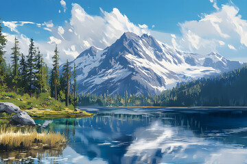 a painting of a mountain with a lake in the foreground
