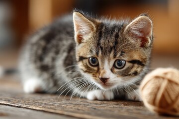 Tiny striped kitten curiously approaches a ball of yarn on wooden floor, showcasing its playful spirit and innocence in warm sunlight