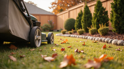 Lawn mower rests on well maintained lawn surrounded by autumn leaves and neatly trimmed hedges, creating serene outdoor atmosphere