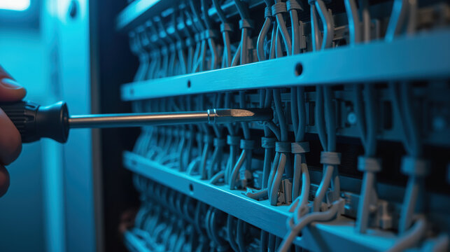 Technician is using screwdriver to work on server rack, showcasing intricate wiring and technology. blue lighting adds modern touch to scene