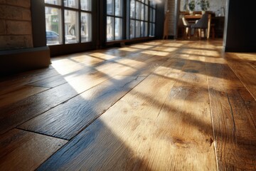 Sunlight spills through large windows, casting playful shadows on the rich wooden floors of a charming city cafe in the afternoon