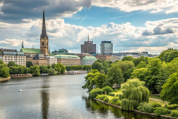 Fototapeta premium A panoramic view of a cityscape, featuring a serene skyline