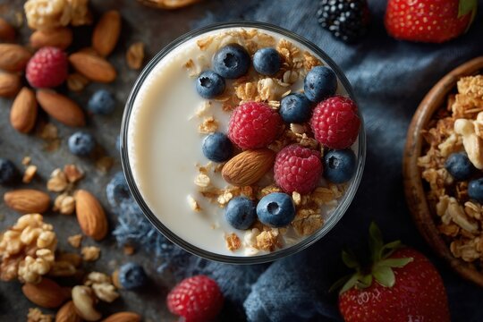 A vibrant breakfast bowl features creamy yogurt topped with blueberries, raspberries, and crunchy granola, surrounded by nuts and fresh fruit