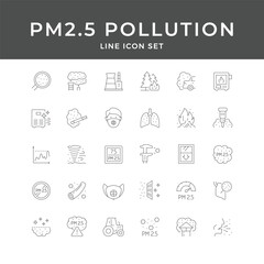 PM2.5 Pollution Line Icon Set – Air Quality, Dust, Mask, Health, Smog, Environment, Monitor, Minimal Vector Collection