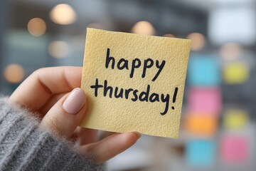 Close-up of a female hand with pink nail polish holding a note that reads “happy thursday!” with soft lighting and blurred office decor, perfect for weekday greetings or lifestyle content.