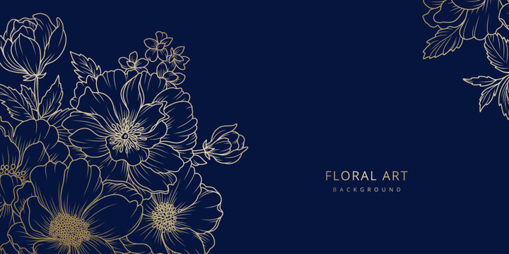 Luxury floral blue background with golden flowers pattern in line art style. Frame. Hand drawn vector illustration for greeting card, wedding invitation, save the date, print, cover - Powered by Adobe