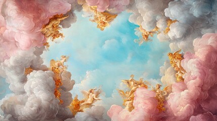 Ornate ceiling painting featuring cherubs and angels among colorful clouds, with a bright blue sky at the center.
