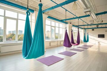 A spacious aerial yoga studio, hanging silk hammocks