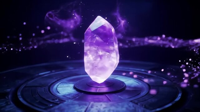 Purple Crystal Gemstone on a Pedestal With Particles And a Dark Background Energy Mineral Abstract Light Artwork