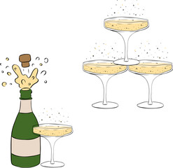 Champagne bottle and glass composition set. Vector graphic line ink illustration. Silhouette sign for logo, print, comics, fashion, pop art, boards, design, stickers, decoration, posters