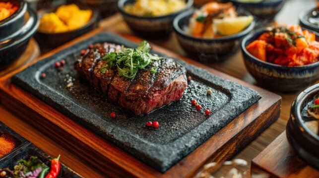 A high-resolution image of a sizzling steak on a hot stone plate, surrounded by colorful side dishes and garnished with herbs and spices, in a stylish restaurant. - Powered by Adobe