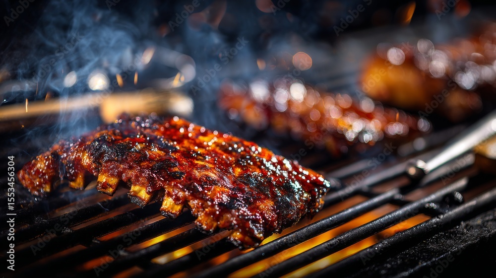 Poster a high-resolution image of pork ribs being grilled on a barbecue, with charred edges and a glossy sa