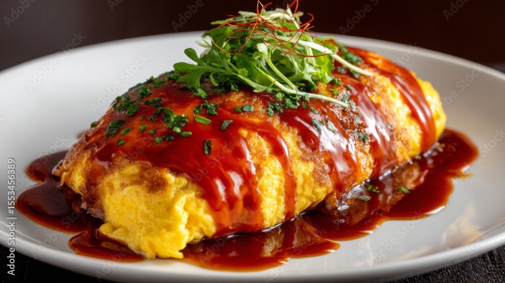 Poster a high-resolution photo of a generous serving of omurice with a rich tomato sauce drizzled on top, h