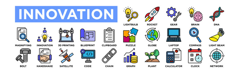 innovation icon set. Editable Stroke Icon Collection. Lightbulb, Rocket, Gear, Brain, DNA, Puzzle, Globe, Laptop, Compass, Light Beam, Magnifying Glass, Innovation Hub, 3D Printing, Blueprint, Clipboa