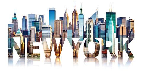 New York City skyline graphic with mirrored text effect and black background isolated on a transparent background