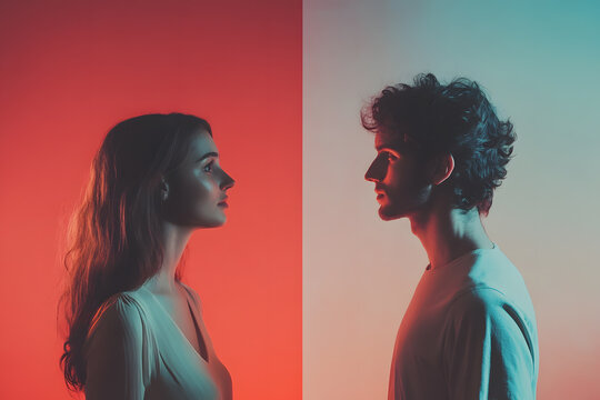 a man and a woman facing each other