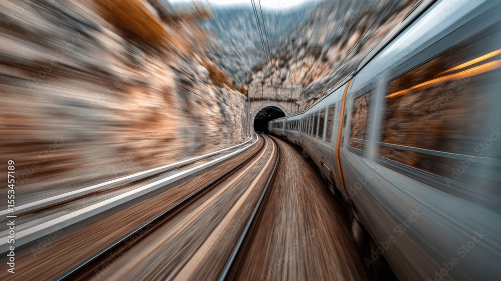 Poster a high-speed train at full speed, passing through a tunnel in a mountainous region, with blurred mot